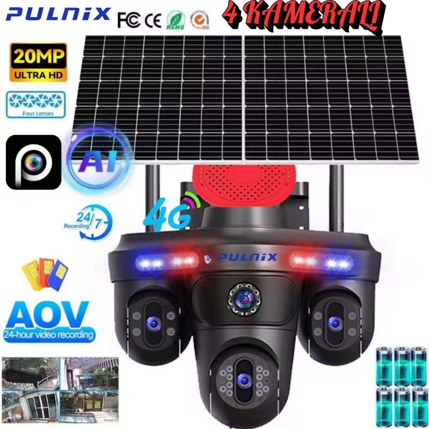 AOV TEKNOLOJİSİ 4G SOLAR KAMERA PULNİX PLX-7005 İPC 4 KAMERALI 7/24 KAYIT HİEASY